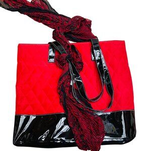 Quilted Red Black Tote Hand Bag Purse‎ With Scarf & Glossy Patent Trim 16" x 14"
